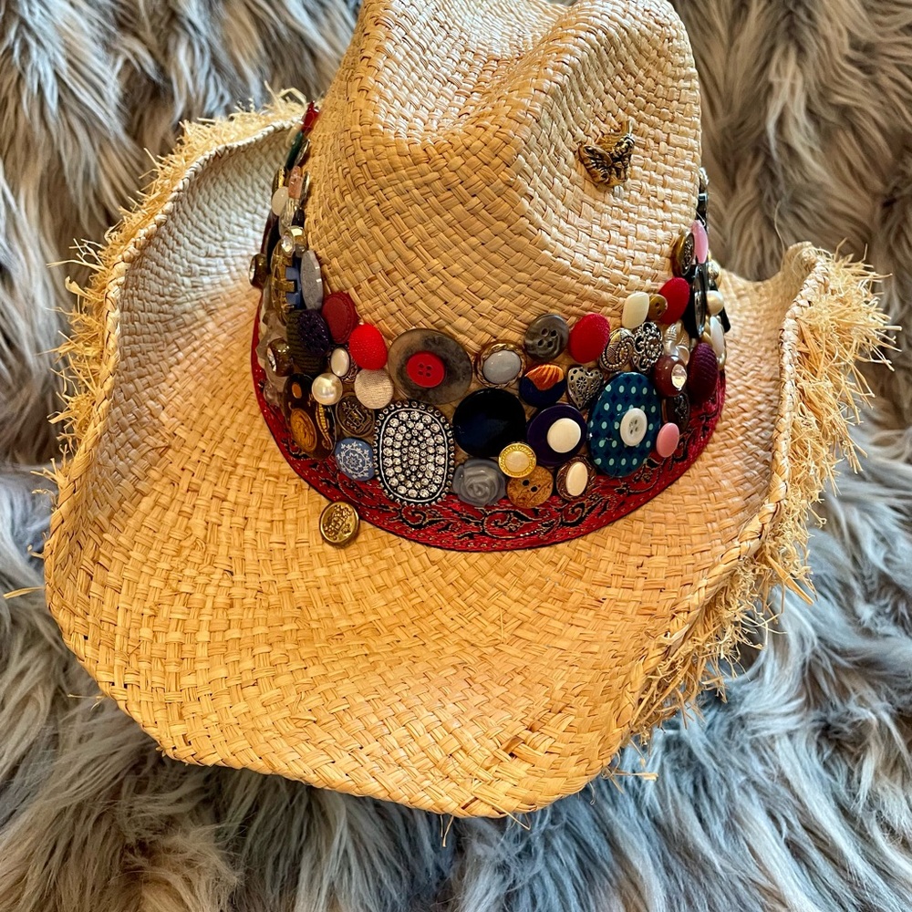 Embellished Straw Cowgirl Hat with Multicolor Button Accents
